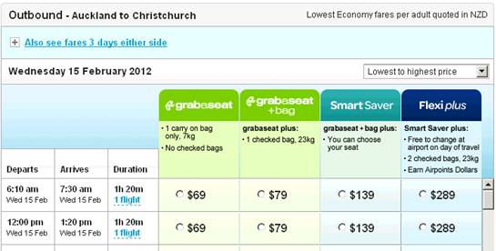 Prices for the new lead-in Seat fares for Auckland-Christchurch (as example)